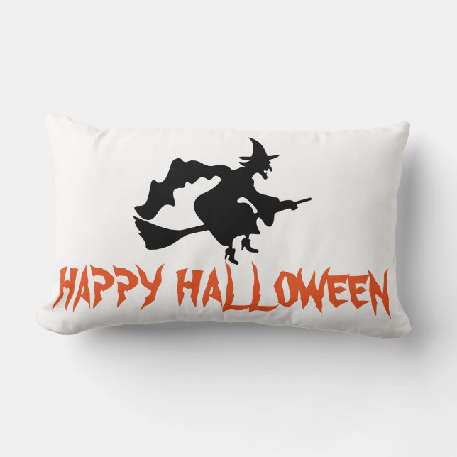Happy Halloween Witch with her Broom White Throw Lumbar Cushion (Front)
