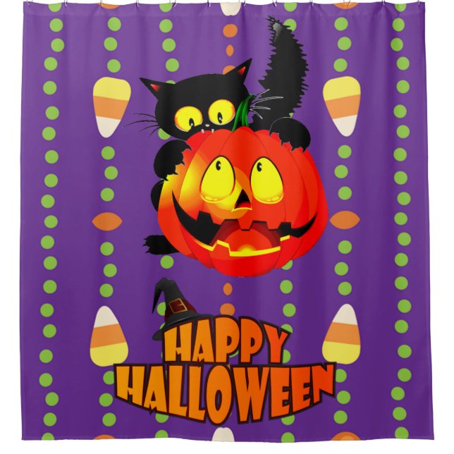 Happy Halloween Witches Cat Shower Curtain (Front)