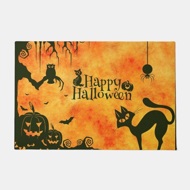 Happy Halloween Witches Cats Spiders Owls Pumpkins Doormat (Front)