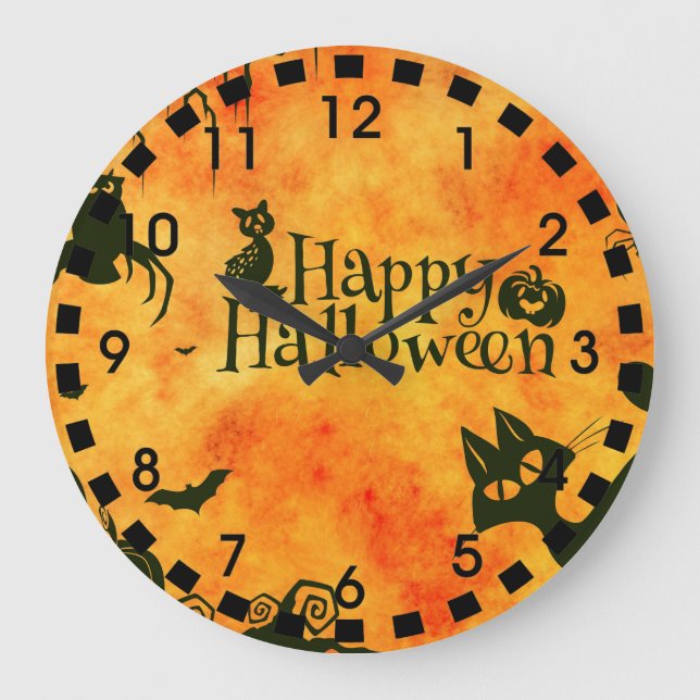 Happy Halloween Witches Cats Spiders Owls Pumpkins Large Clock (Front)