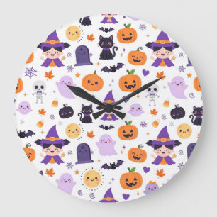 Happy Halloween Witches Ghosts Cats Bats Pumpkins Large Clock