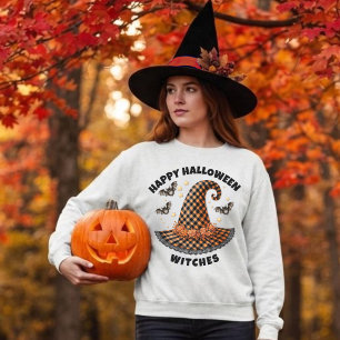 Happy Halloween Witches Hat Orange & Black Gingham Sweatshirt
