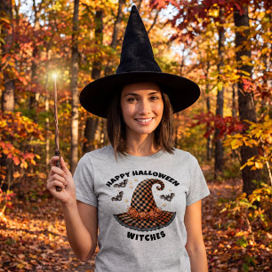 Happy Halloween Witches Hat Orange & Black Gingham T-Shirt