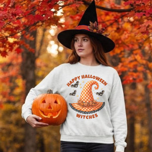 Happy Halloween Witches Orange Gingham Witch Hat Sweatshirt