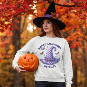 Happy Halloween Witches Purple Gingham Witch Hat Sweatshirt