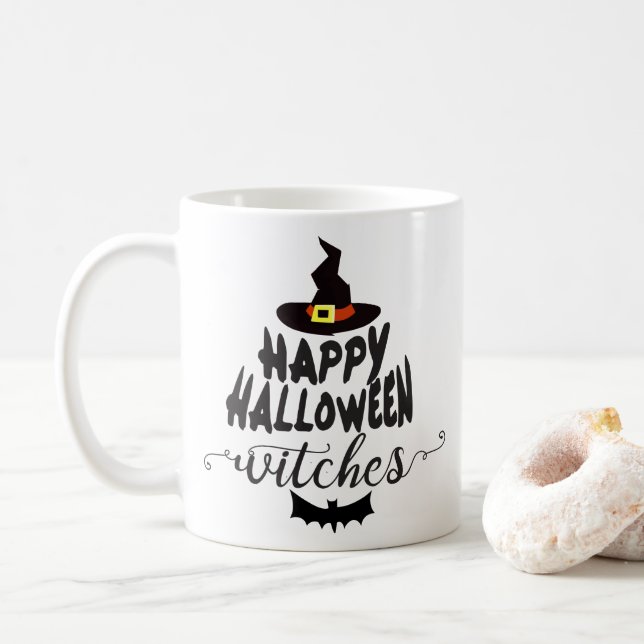 Happy Halloween Witches Typography Halloween Coffee Mug (With Donut)