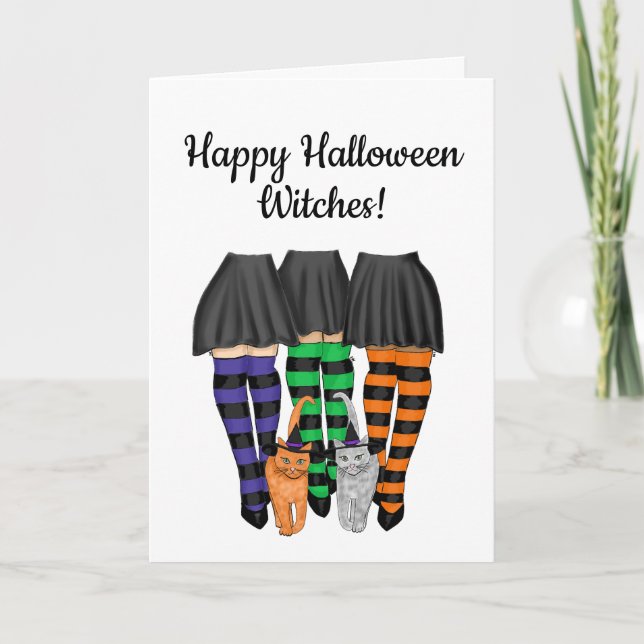 Happy Halloween Witches - Witches and Two Cats Card (Front)