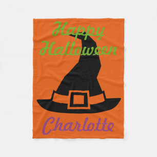 Happy Halloween Witch's Hat on Orange Personalised Fleece Blanket