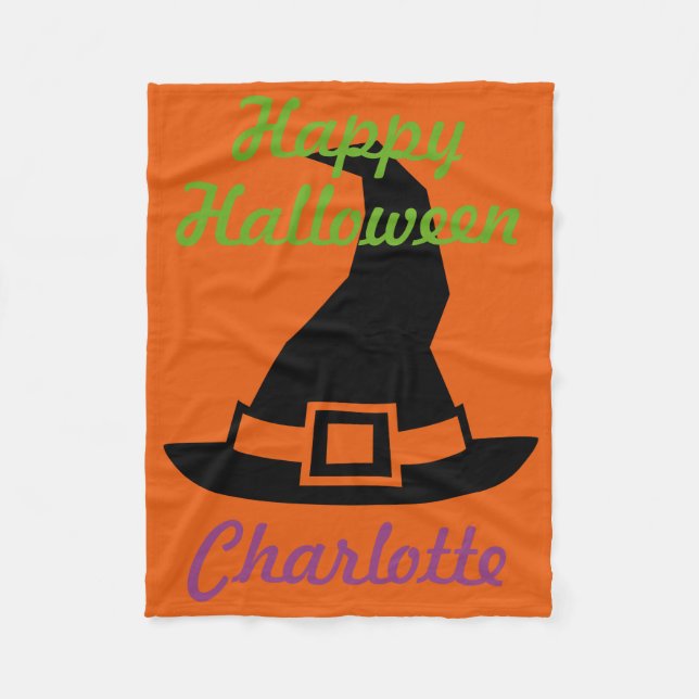 Happy Halloween Witch's Hat on Orange Personalised Fleece Blanket (Front)