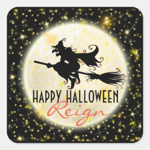 Happy Halloween Witch's Ride Moon Glitter Stickers