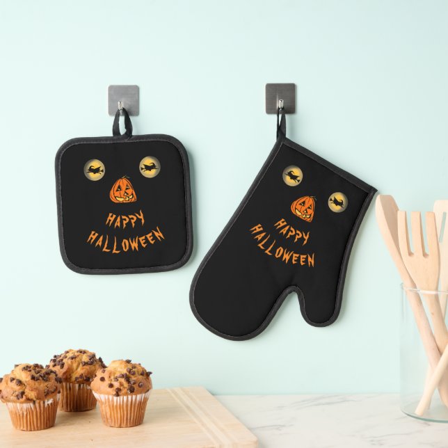 Happy Halloween Witchy Eyes And Pumpkin Nose Oven Mitt & Pot Holder Set (Insitu(Hanging))