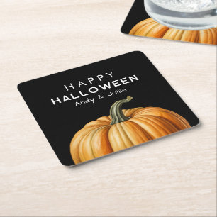 Happy Halloween with big pumpkin Square Paper Coaster