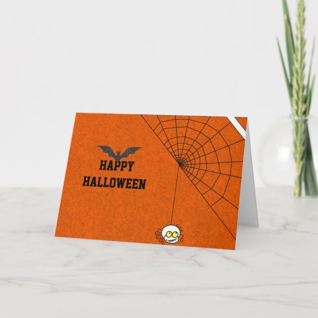 Happy Halloween with Black Bat and Spider web Card (Front)