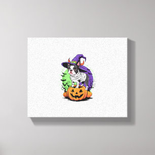 Happy Halloween with Boston Terrier Mummy & Witch Canvas Print
