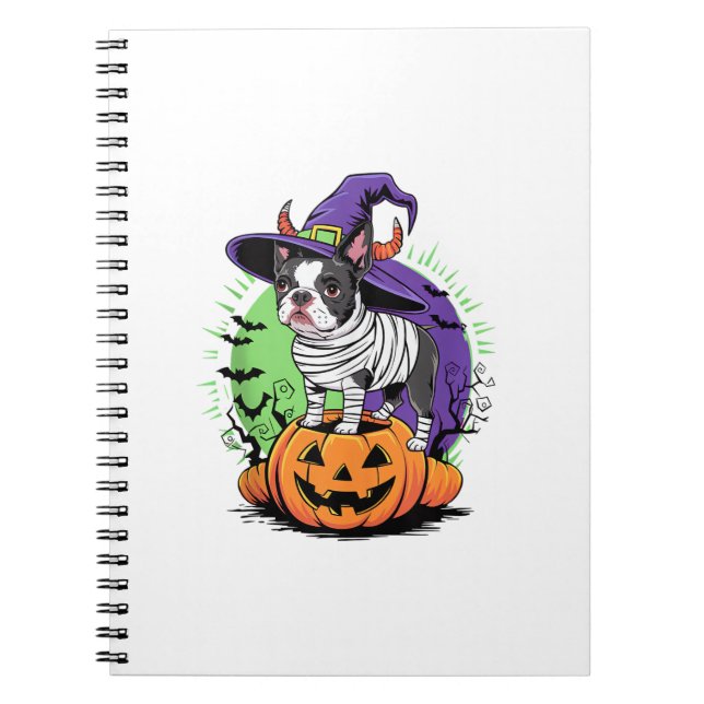 Happy Halloween with Boston Terrier Mummy & Witch  Notebook (Front)
