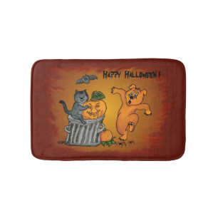 Happy Halloween with Cat Bat Dog and Spider Bath Mat