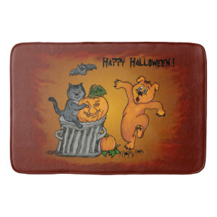 Happy Halloween with Cat Bat Dog and Spider Bath Mat