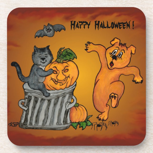 Happy Halloween with Cat Bat Dog and Spider Coaster (Front)
