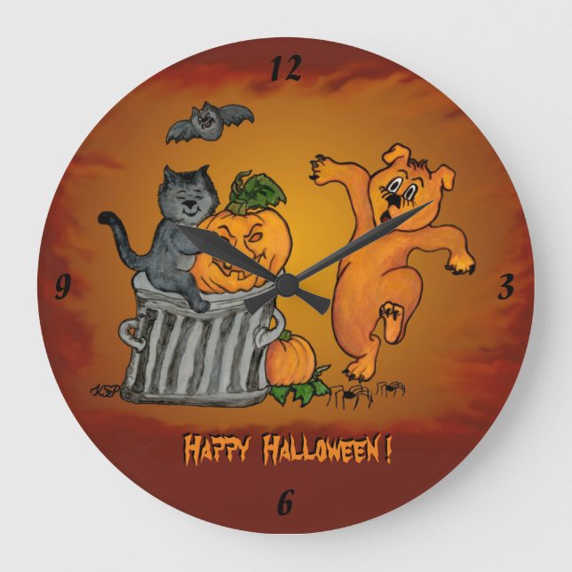 Happy Halloween with Cat Bat Dog and Spider Large Clock (Front)