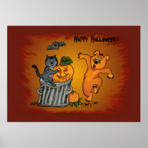 Happy Halloween with Cat Bat Dog and Spider Poster