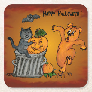 Happy Halloween with Cat Bat Dog and Spider Square Paper Coaster