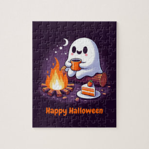 Happy Halloween with ghost drinking coffee Jigsaw Puzzle