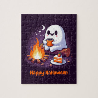 Happy Halloween with ghost drinking coffee  Jigsaw Puzzle