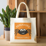 Happy Halloween with Name Cute Spider Treat Tote Bag<br><div class="desc">A funny and a little scary October design that you can personalise with a child's name or other text. A perfect sack for trick or treating.</div>