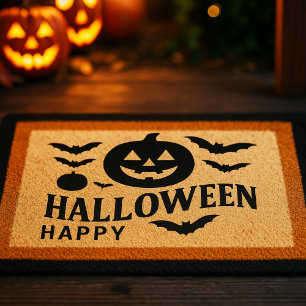 Happy Halloween with Pumpkin and Flying Bats Doormat