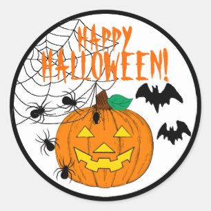 Happy Halloween With Pumpkin Spiders and Bats Classic Round Sticker