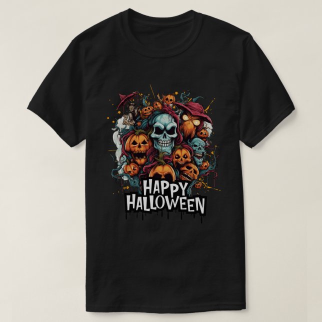 Happy Halloween with Skulls, Pumpkins, and Monster T-Shirt (Design Front)