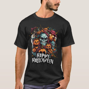 Happy Halloween with Skulls, Pumpkins, and Monster T-Shirt