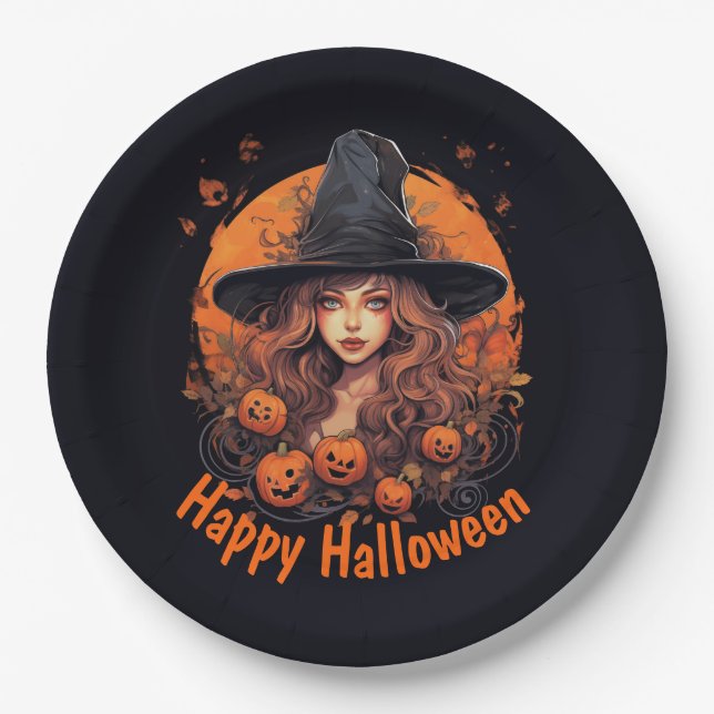 Happy Halloween with Witch and Pumpkins Paper Plate (Front)