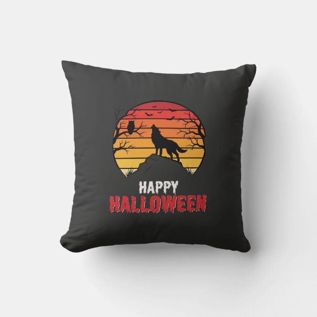 Happy Halloween Wolf Sunset Vector Cushion (Front)
