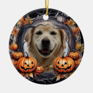 Happy Halloween Wreath With Pumpkins Custom Photo Ceramic Tree Decoration
