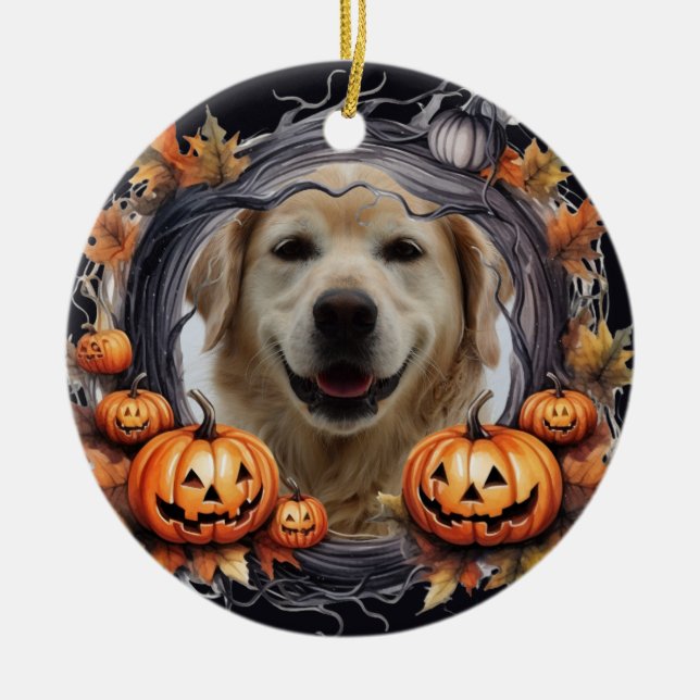 Happy Halloween Wreath With Pumpkins Custom Photo Ceramic Tree Decoration (Front)