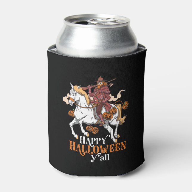Happy Halloween Y'all Cowboy Ghost Riding Horse Can Cooler (Can Front)