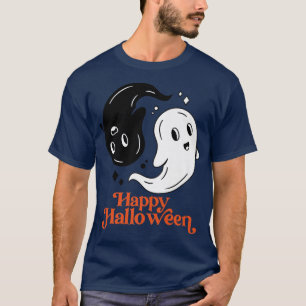 Happy Halloween Yin and Yang Black and White Ghost T-Shirt