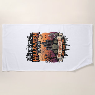 Happy Halloween You Haunted House Skeleton Bats_1 Beach Towel