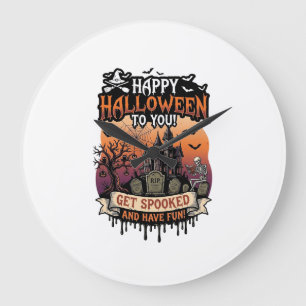Happy Halloween You Haunted House Skeleton Bats_1 Large Clock