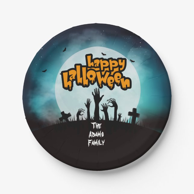 Happy Halloween Zombie Graveyard Party Paper Plate (Front)