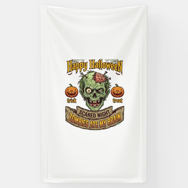 Happy Halloween Zombies Ate Brain Zombie Head Pump Banner (Vertical)