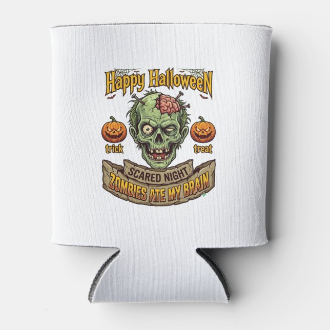 Happy Halloween Zombies Ate Brain Zombie Head Pump Can Cooler (Front)