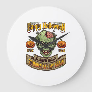 Happy Halloween Zombies Ate Brain Zombie Head Pump Large Clock