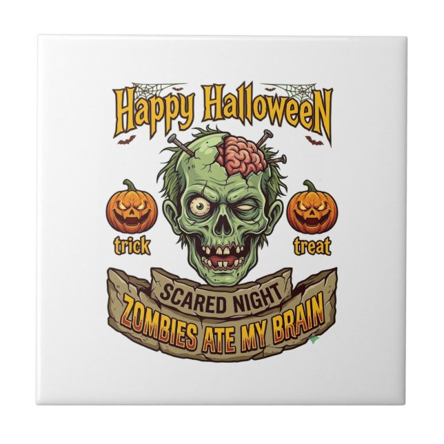 Happy Halloween Zombies Ate Brain Zombie Head Pump Tile (Front)