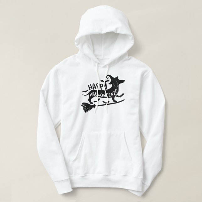 Happy Halloweenie Dachshund Pumpkin Skeleton Hoodie (Design Front)