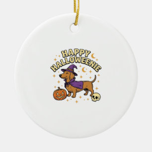 Happy Halloweenie Dachshund Witch Dog T-Shirt_1 Ceramic Tree Decoration