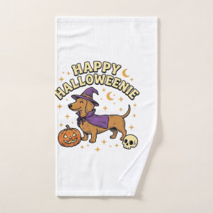Happy Halloweenie Dachshund Witch Dog T-Shirt_1 Hand Towel
