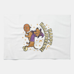 Happy Halloweenie Dachshund Witch Dog T-Shirt_1 Tea Towel