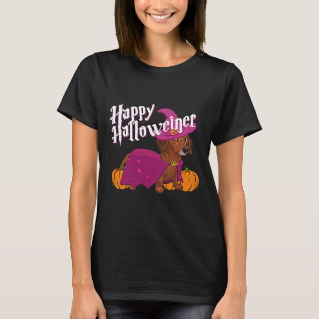 Happy Halloweenie Doxie Dachshund Dog Witch Hat Pu T-Shirt (Front)
